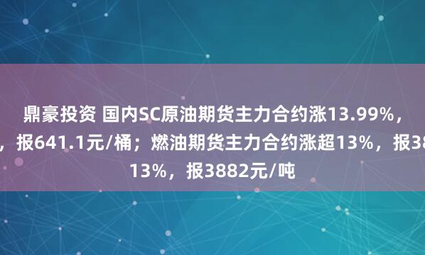 鼎豪投资 国内SC原油期货主力合约涨13.99%，触及涨停，报641.1元/桶；燃油期货主力合约涨超13%，报3882元/吨
